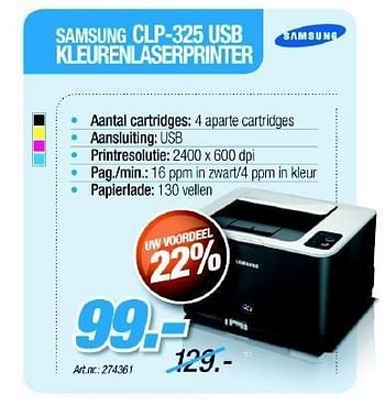 Promotions Clp-325 usb kleurenlaserprinter - Samsung - Valide de 01/02/2012 à 29/02/2012 chez Auva