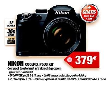 Promotions Nikon coolpix p500 kit digitaal autofocustoestel - Nikon - Valide de 13/02/2012 à 14/03/2012 chez Photo Hall