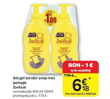 Promoties Set gel zonder zeep met pompje zwitsal - Zwitsal - Geldig van 15/02/2012 tot 27/02/2012 bij Carrefour