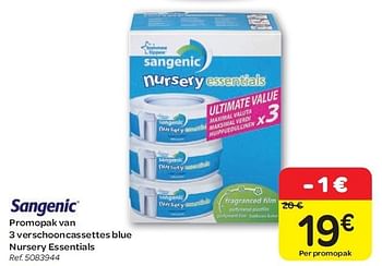 Promoties Promopak van 3 verschooncassettes blue nursery essentials - Sangenic - Geldig van 15/02/2012 tot 27/02/2012 bij Carrefour