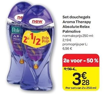 Promoties Set douchegels aroma therapy absolute relax palmolive - Palmolive - Geldig van 15/02/2012 tot 27/02/2012 bij Carrefour