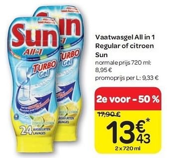 Promoties Vaatwasgel all in 1 regular of citroen sun - Sun - Geldig van 15/02/2012 tot 27/02/2012 bij Carrefour