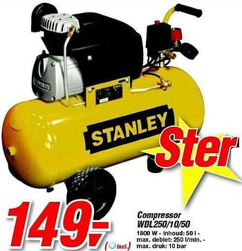 Promotions Compressor wdl250-10-50 - Stanley - Valide de 15/02/2012 à 28/02/2012 chez Makro