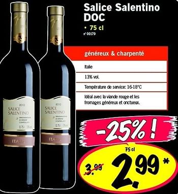 Promotions Salice salentino doc - Vins rouges - Valide de 16/02/2012 à 22/02/2012 chez Lidl