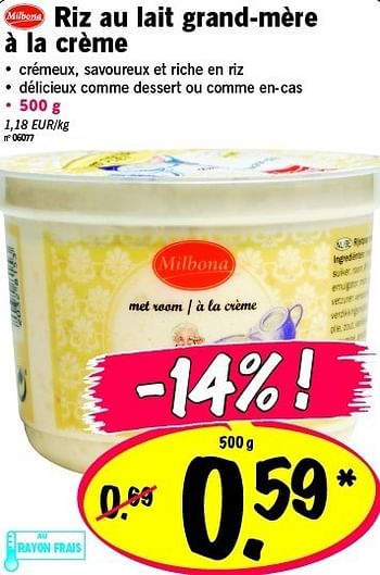 Promoties Riz au lait grand-mère à la crème - Milbona - Geldig van 16/02/2012 tot 22/02/2012 bij Lidl