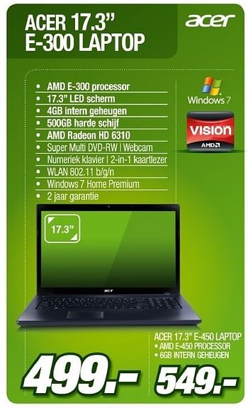 Promoties E-300 laptop - Acer - Geldig van 07/03/2012 tot 24/03/2012 bij VCD
