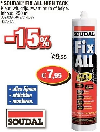 Promoties Soudal fix all high tack - Soudal - Geldig van 21/03/2012 tot 08/04/2012 bij Hubo