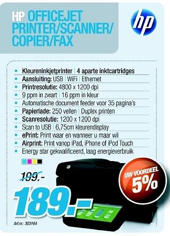 Promoties Officejet printer-scanner-copier-fax - HP - Geldig van 29/03/2012 tot 21/04/2012 bij Auva