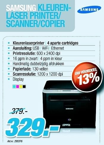 Promoties Kleurenlaser printer-scanner-copier - Samsung - Geldig van 29/03/2012 tot 21/04/2012 bij Auva