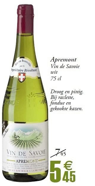 Promoties Apremont vin de savoie wit - Witte wijnen - Geldig van 24/04/2012 tot 06/05/2012 bij Champion