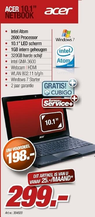 Promotions Acer 10.1 netbook - Acer - Valide de 01/05/2012 à 31/05/2012 chez Auva