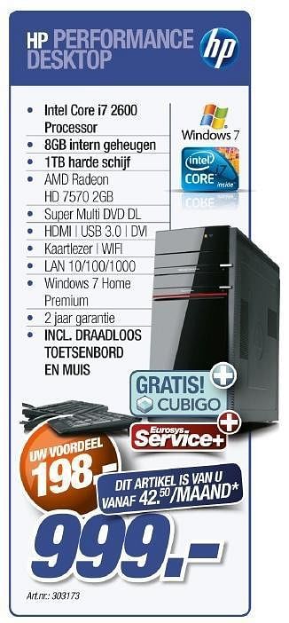 Promotions Hp performance desktop - HP - Valide de 01/05/2012 à 31/05/2012 chez Auva