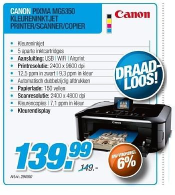 Promoties Canon pixma mg5350 kleureninktjet printer-scanner-copier - Canon - Geldig van 01/05/2012 tot 31/05/2012 bij Auva
