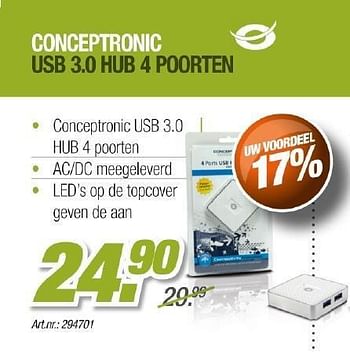 Promoties Conceptronic usb 3.0 hub 4 poorten - Conceptronic - Geldig van 01/05/2012 tot 31/05/2012 bij Auva