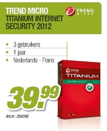 Promotions Trend micro titanium internet security 2012 - Trend Micro  - Valide de 01/05/2012 à 31/05/2012 chez Auva