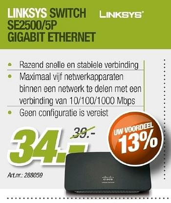 Promoties Linksys switch se2500-5p gigabit ethernet - Linksys - Geldig van 01/05/2012 tot 31/05/2012 bij Auva