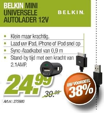 Promoties Belkin mini universele autolader 12v - BELKIN - Geldig van 01/05/2012 tot 31/05/2012 bij Auva