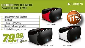 Promoties Logitech mini boombox zwart, rood of wit - Logitech - Geldig van 01/05/2012 tot 31/05/2012 bij Auva