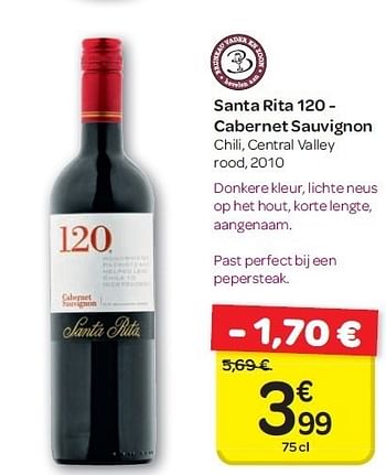 Promoties Santa rita 120 - cabernet sauvignon chili, central valley rood, 2010 - Rode wijnen - Geldig van 23/05/2012 tot 04/06/2012 bij Carrefour