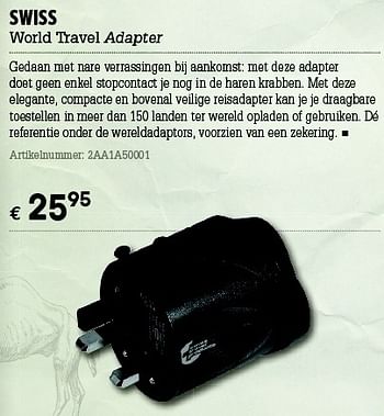 Promoties Swiss world travel adapter - Swish - Geldig van 07/06/2012 tot 01/07/2012 bij A.S.Adventure