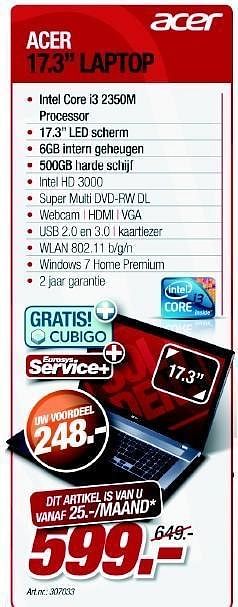Promoties Acer 17,3 inch laptop - Acer - Geldig van 27/06/2012 tot 18/07/2012 bij Auva