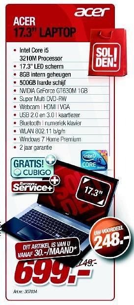 Promoties Acer 17,3inch laptop - Acer - Geldig van 27/06/2012 tot 18/07/2012 bij Auva