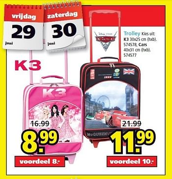 Promoties Trolley kies uit: k3, cars - Cars - Geldig van 29/06/2012 tot 30/06/2012 bij Intertoys