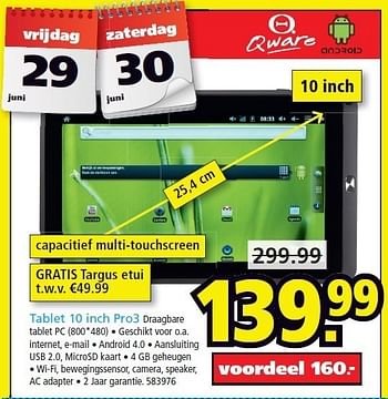 Promoties Qware tablet 10 inch pro3 draagbare tablet pc - Qware - Geldig van 29/06/2012 tot 30/06/2012 bij Intertoys