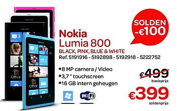 Promoties Nokia lumia 800 black, pink, blue + white - Nokia - Geldig van 30/06/2012 tot 31/07/2012 bij Carrefour