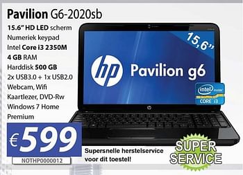 Promoties Hp pavilion g6-2020sb - HP - Geldig van 30/06/2012 tot 15/08/2012 bij Compudeals