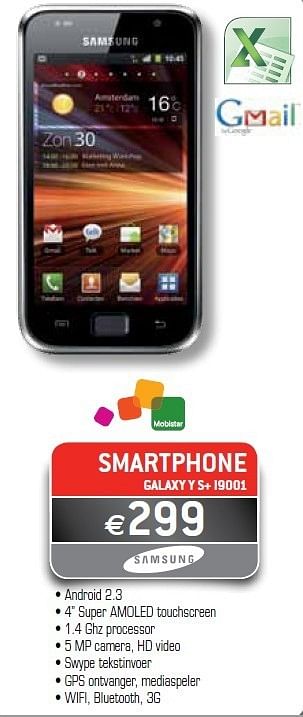 Promoties Samsung smartphone galaxy y s+ i9001 - Samsung - Geldig van 01/07/2012 tot 31/07/2012 bij Exellent
