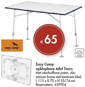 Promotions Easy camp opklapbare tafel tours - Easy Camp - Valide de 04/07/2012 à 17/07/2012 chez Colruyt
