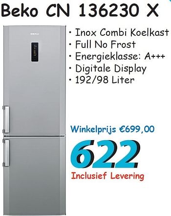 Promoties Beko cn 136230 x inox combi koelkast - Beko - Geldig van 05/07/2012 tot 31/07/2012 bij Elektro Koning