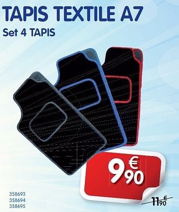 Promotions Tapis textile a7 set 4 tapis - Produit maison - Auto 5  - Valide de 09/08/2012 à 08/09/2012 chez Auto 5