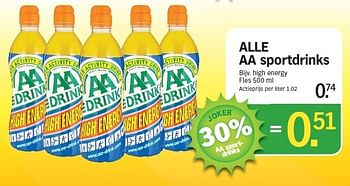 Promoties Alle aa sportdrinks bijv. high energy fles 500 ml - AA-Drink - Geldig van 13/08/2012 tot 19/08/2012 bij Albert Heijn