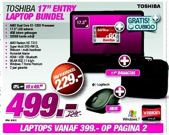 Promoties Toshiba 17 entry laptop bundel - Toshiba - Geldig van 27/08/2012 tot 09/09/2012 bij Auva