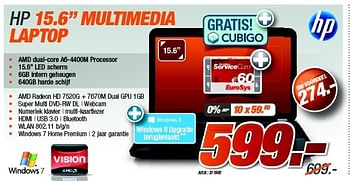 Promoties Hp 15.6 multimedia laptop - HP - Geldig van 27/08/2012 tot 09/09/2012 bij Auva