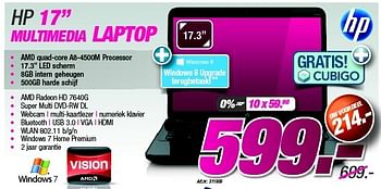 Promoties Hp 17 multimedia laptop - HP - Geldig van 27/08/2012 tot 09/09/2012 bij Auva
