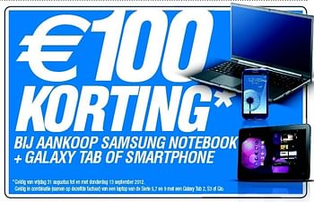 Promotions Korting bij aankoop samsung notebook + galaxy tab of smartphone - Samsung - Valide de 27/08/2012 à 09/09/2012 chez Auva