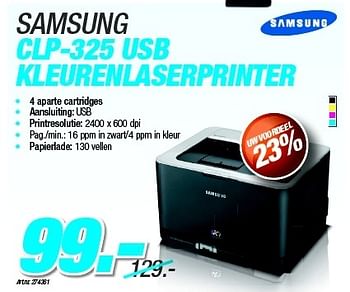 Promoties Samsung clp-325 usb kleurenlaserprinter - Samsung - Geldig van 27/08/2012 tot 09/09/2012 bij Auva
