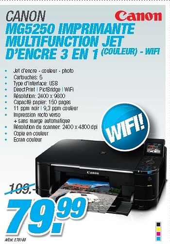 Promotions Canon mg5250 imprimante multifunction jet - Canon - Valide de 27/08/2012 à 09/09/2012 chez Auva