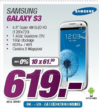 Promotions Samsung galaxy s3 - Samsung - Valide de 27/08/2012 à 09/09/2012 chez Auva