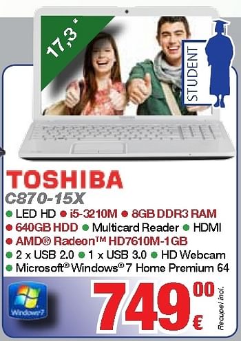 Promoties Toshiba c870-15x - Toshiba - Geldig van 01/09/2012 tot 30/09/2012 bij ElectronicPartner