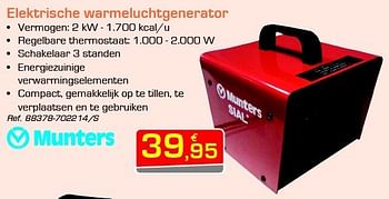 Promoties Elektrische warmeluchtgenerator - Munters - Geldig van 01/10/2012 tot 27/10/2012 bij Group Meno