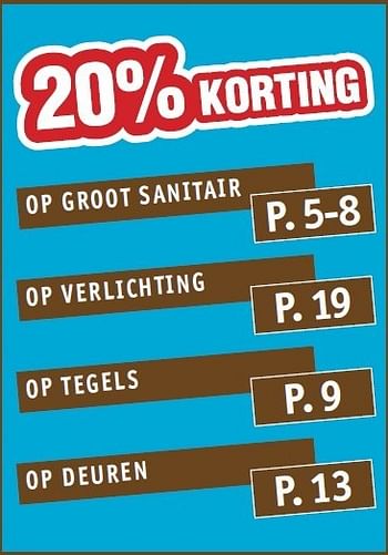 Promoties 20% korting op sanitair, verlichting, tegels en deuren - Huismerk - Bouwcenter Frans Vlaeminck - Geldig van 08/10/2012 tot 31/10/2012 bij Bouwcenter Frans Vlaeminck