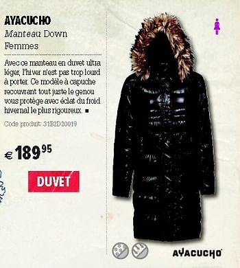 Promotions Ayacucho manteau down femmes - AYACUCHO - Valide de 10/10/2012 à 28/10/2012 chez A.S.Adventure