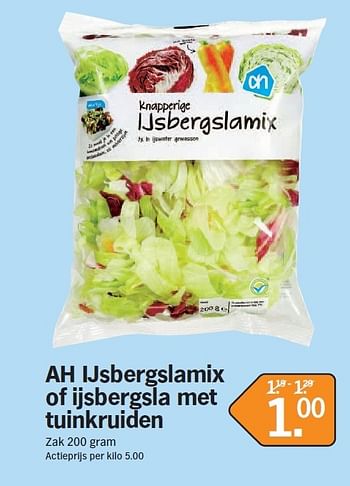 Promotions Ah ijsbergslamix of ijsbergsla met tuinkruiden - Produit Maison - Albert Heijn - Valide de 15/10/2012 à 21/10/2012 chez Albert Heijn