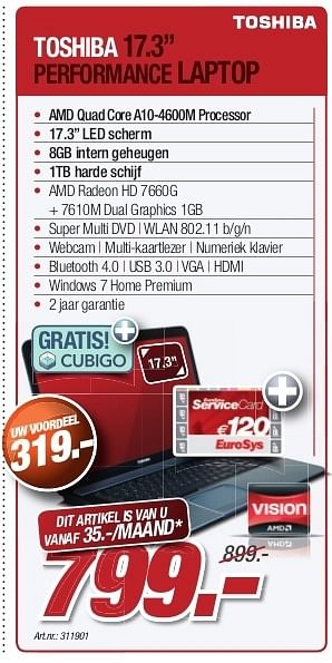 Promoties Toshiba 17.3 performance laptop - Toshiba - Geldig van 23/10/2012 tot 30/11/2012 bij Auva