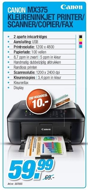 Promoties Canon mx375 keureninktjet printer-scanner-copier-fax - Canon - Geldig van 23/10/2012 tot 30/11/2012 bij Auva