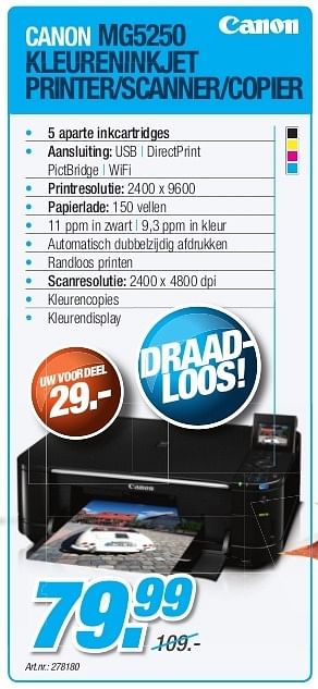 Promoties Canon mg5250 keureninktjet printer-scanner-copier - Canon - Geldig van 23/10/2012 tot 30/11/2012 bij Auva